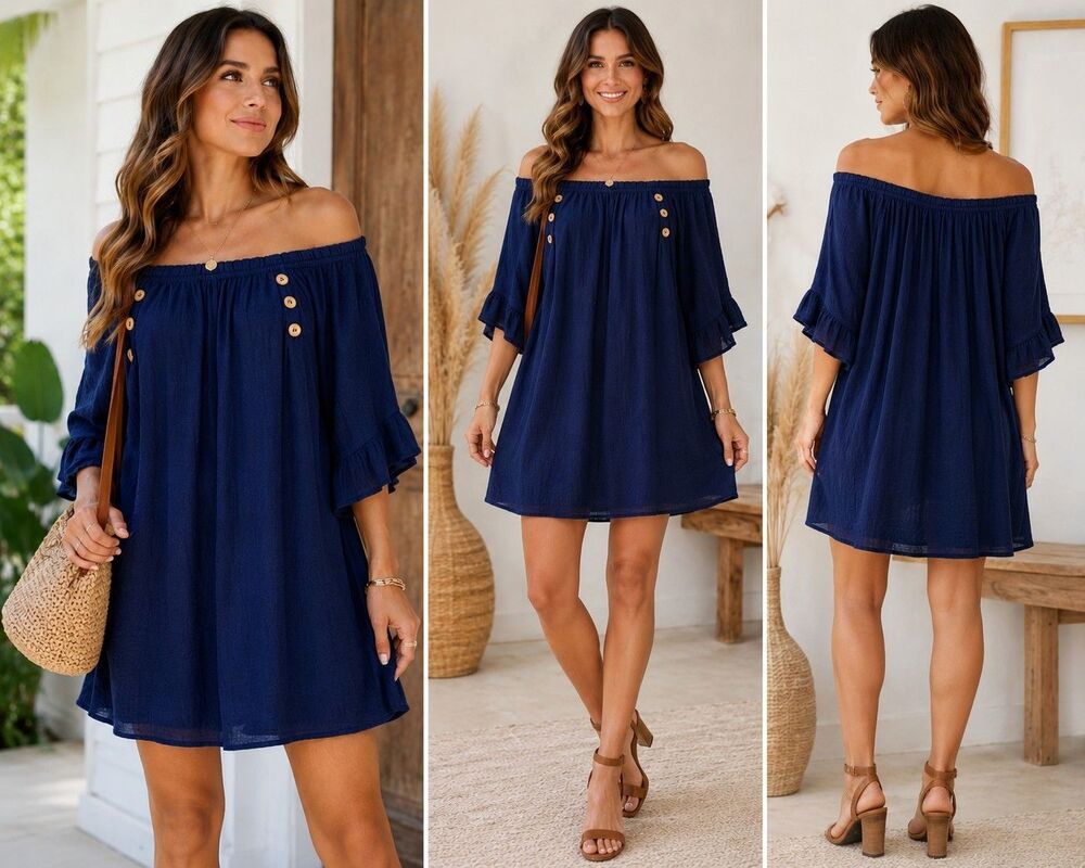 Naif Off Shoulder Tunic Dress Women L Navy Boho Peasant Romantic Minimalist Chic